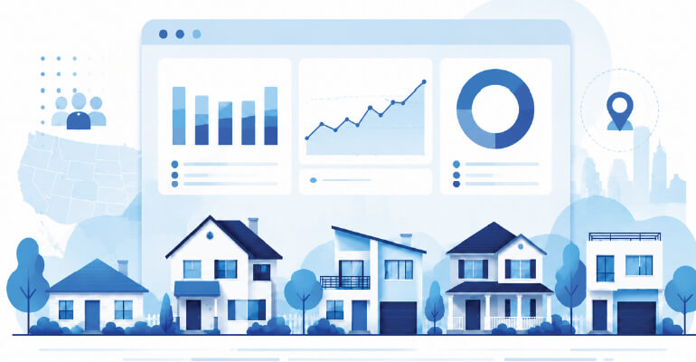 neighborhood housing data such as values, rents, and occupancy shown as a dashboard over a row of homes